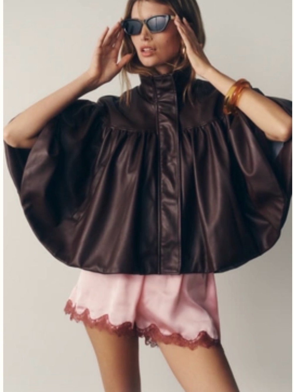 Anthropologie Women's Dark Brown Faux Leather Funnel NeckCape Jacket size xxs/xs